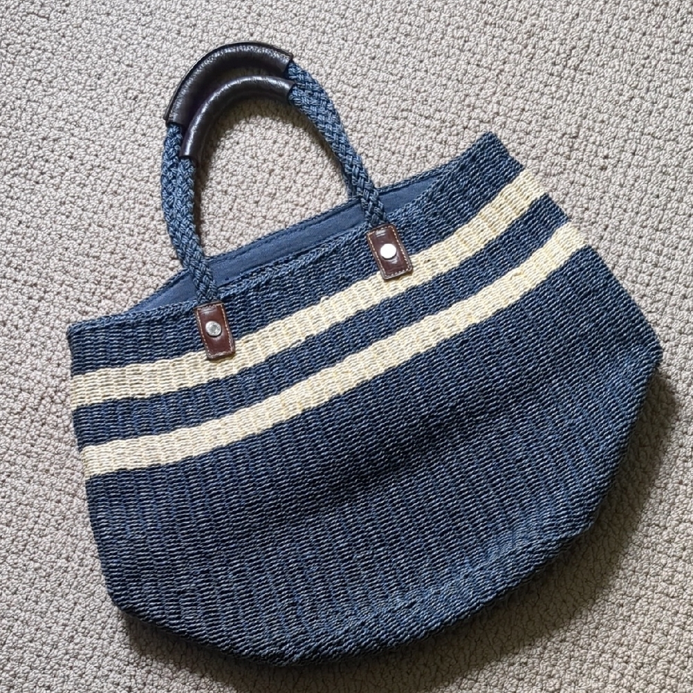 Vintage Fishermancore Blue and Cream Woven Tote with Leather Accents GAP